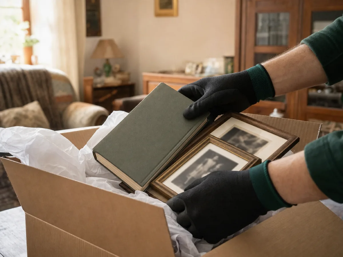 Sorgfältiges Verpacken von Fotoalben und Erinnerungsstücken bei einer Haushaltsauflösung in Braunschweig